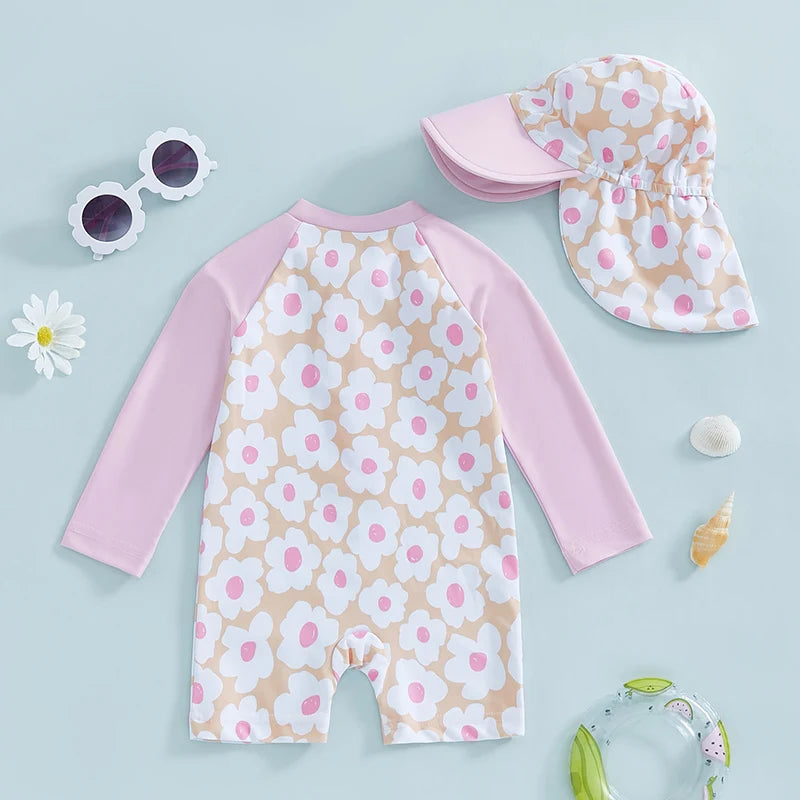 Tregren Toddler Girl Long Sleeve Swimsuit Floral/Flamingo Print Half Zipper Rash Guard Swimwear with Sun Hat Infant Beachwear