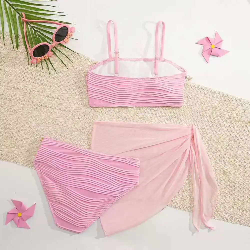 2026 Strappy Girls Swimsuit 3 Pieces Bikini & Skirt Bandeau Kids Swimwear Female Children's Bathers Bathing Swimming Swim Suit