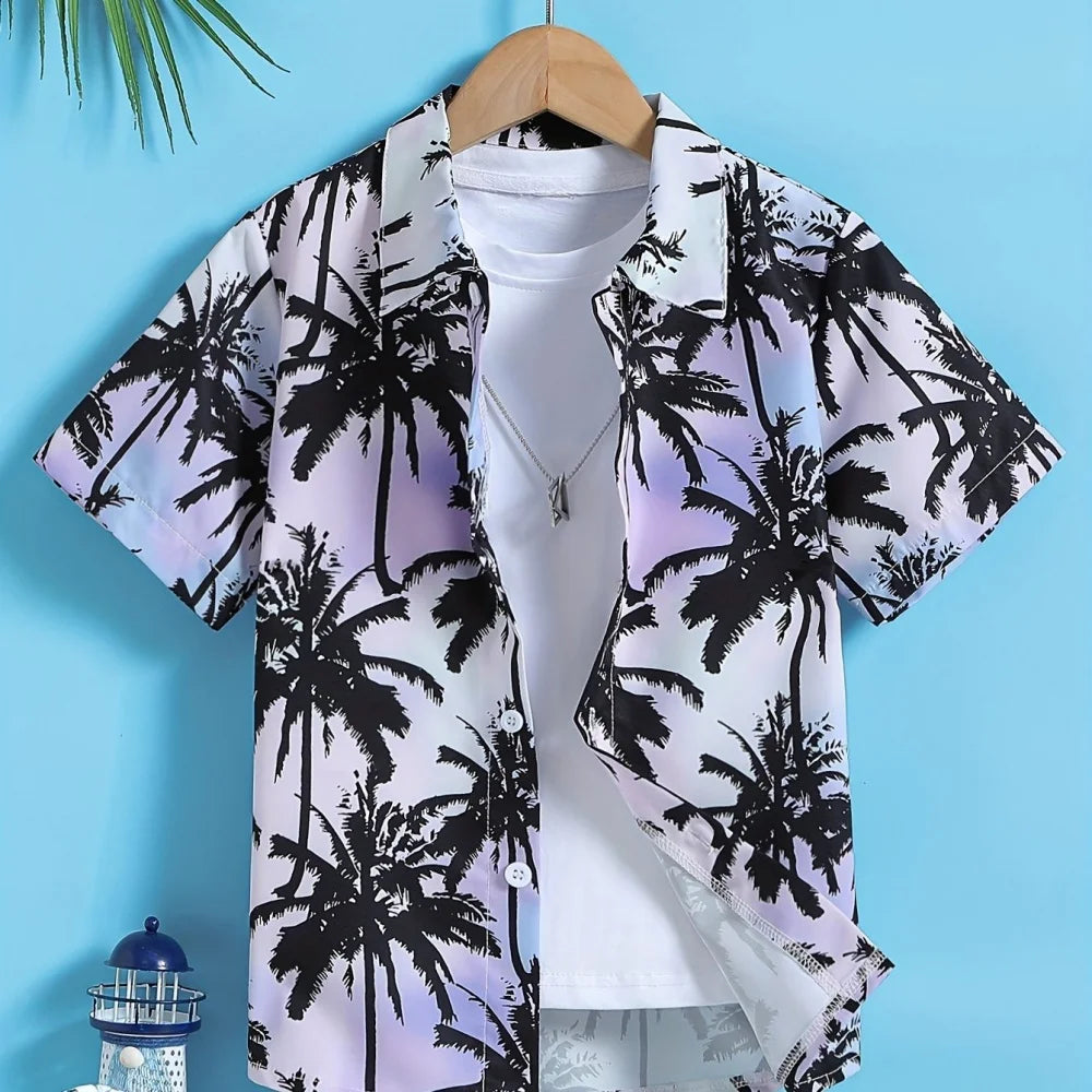 Hawaiian Children's Shirt Coconut Tree Pattern Print Kids's Short Sleeves Shirt Holiday Seaside Tops Outdoor Children's Clothing