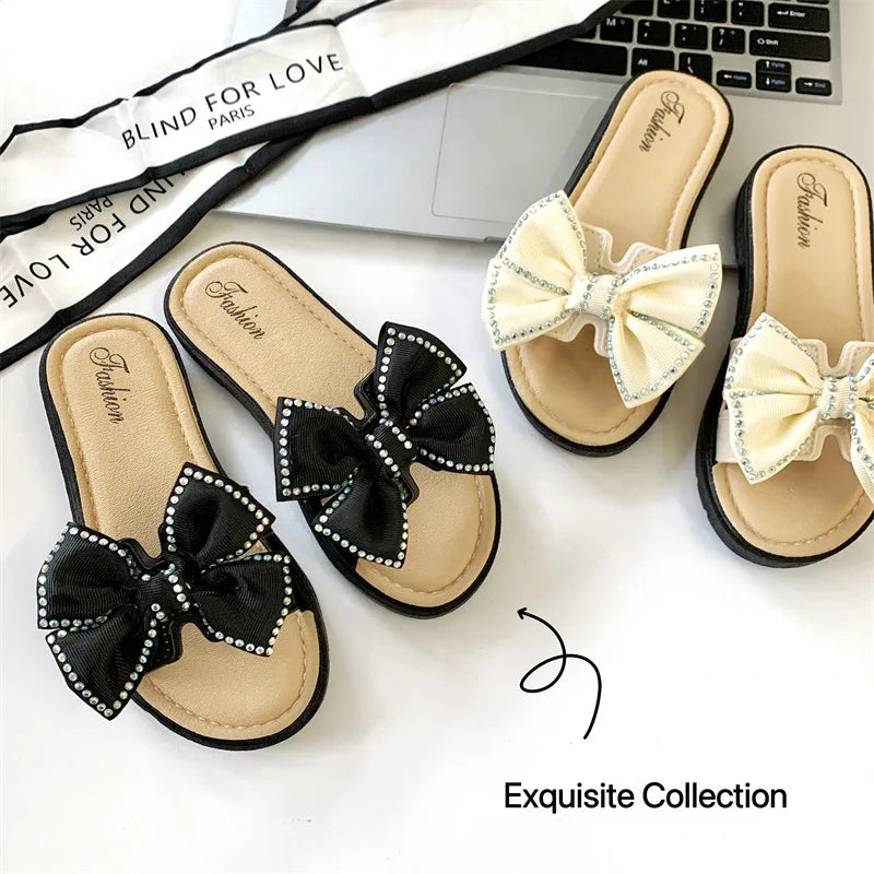 2026 New Bow Flats Open Toe Slide Sandals Non-slip Flip Flops Children Home Slippers Kids Girls Summer Cute Beach Slippers Shoe