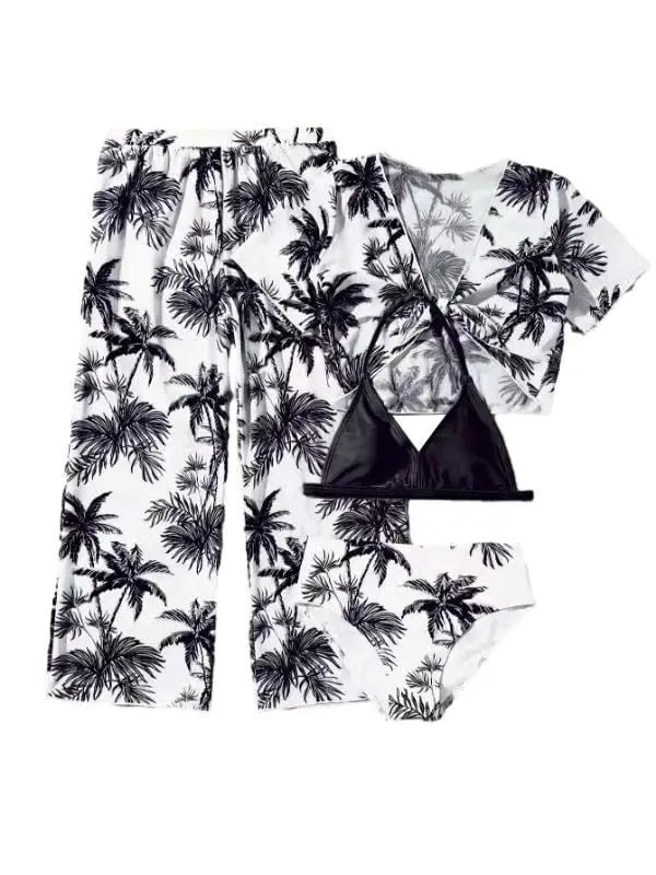 Girls 4pack Palm Tree Print Bikini Sets with Pants+Short Sleeve Crop Top Kids Swimsuit 7-12 Years Children Swimwear Bathing Suit