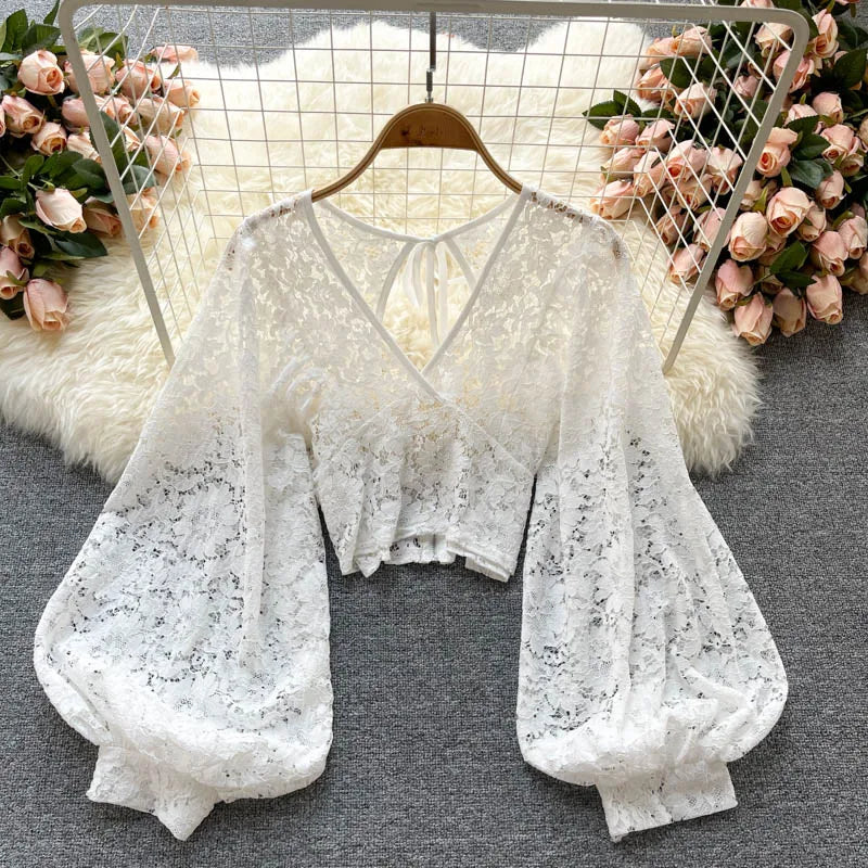 Frenchic Sexy Blusas Mujer Crochet Lace Sheer Women Tops V-neck Lantern Sleeve Backless Lace-up Ladies Elegant Blouse