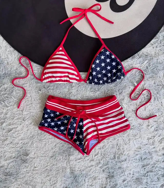 American Flag Print Bikini Women 2026 Halter Tie Detail High Waist Boy Short Y2K Aesthetic Patriotic Swimwear Set