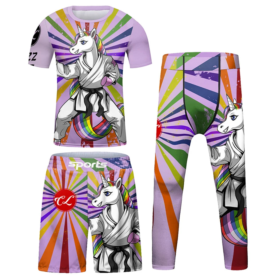 Kid's Jiu Jitsu MMA T-shirt +Pants Set Grappling Rashguard For Kid Bjj Boxing Jerseys Gi Rash Guard MMA Shorts Boxeo Sportsuits