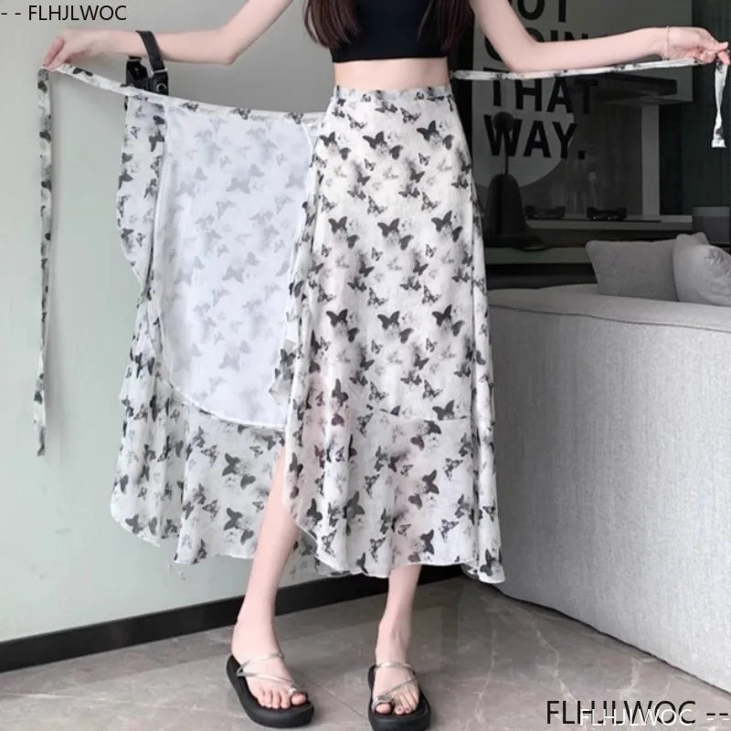 Wrap Up Chic Korea Clothes Women Cute Girls Floral Robe Holiday Beach Date High Waist Retro Vintage One-Piece Lace-Up Skirts