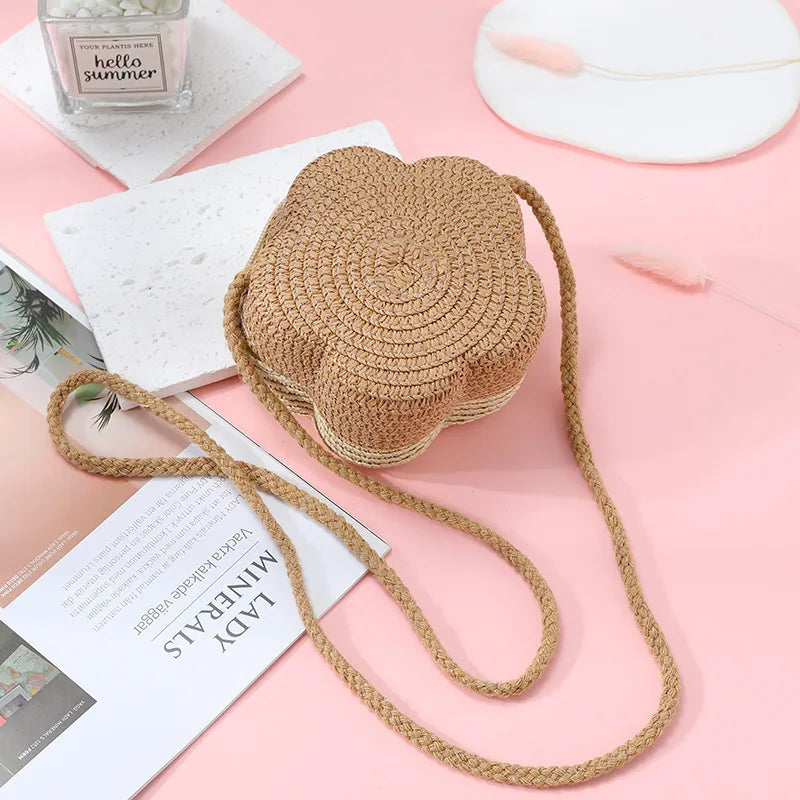 Summer Travel Children's Straw Shoulder Bags Flower Knitted Baby Girls Beach Coin Purse Seaside Cute Kids Woven Crossbody Bag
