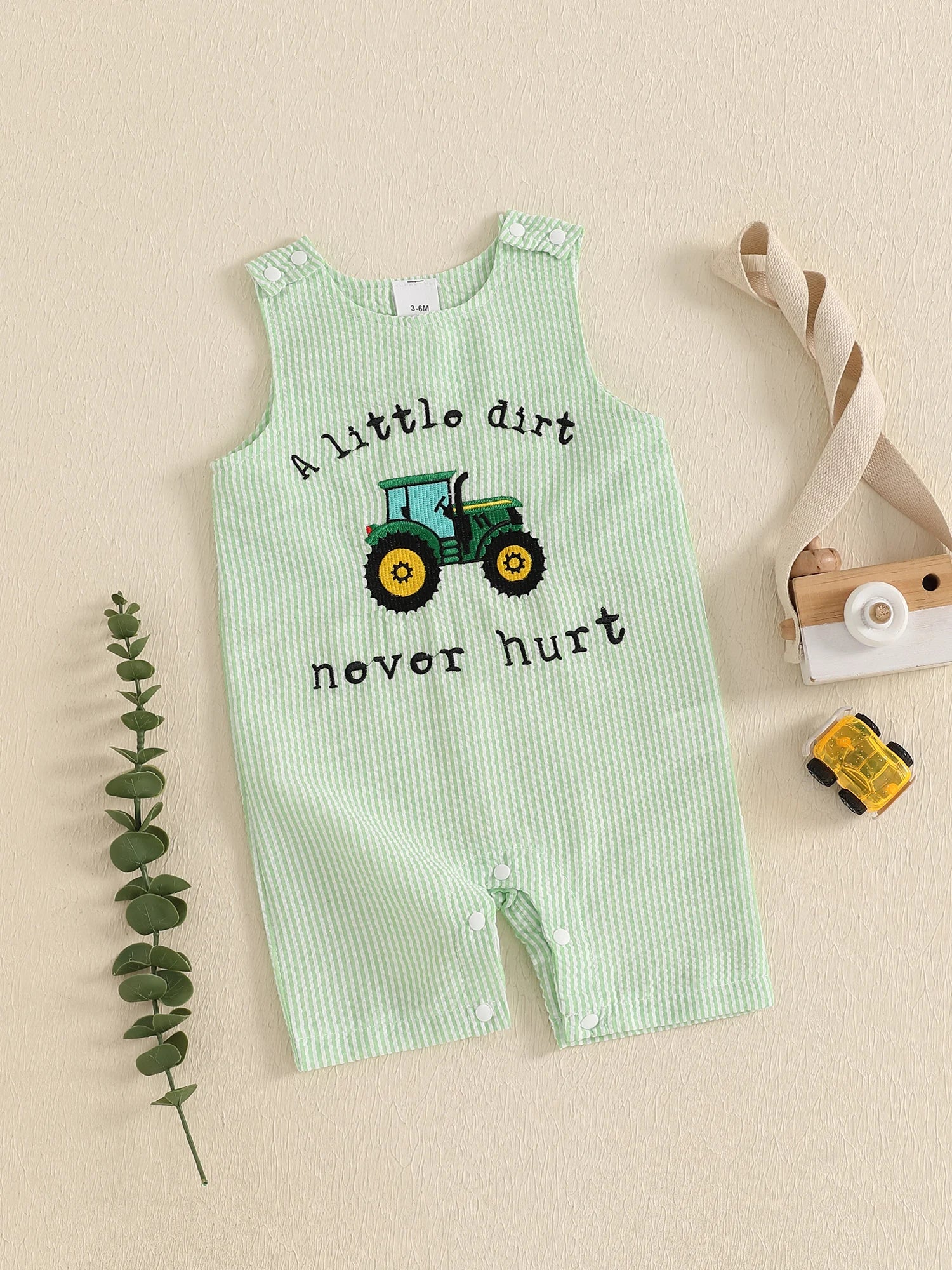 Adorable Infant Boys Sleeveless Romper with Fun Trucker Embroidery and Striped Design - Perfect Summer Outfit for Little Ones