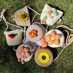 Flower Straw Baby Bags Handmade Summer Beach Women Girls Shoulder Bag Messenger Bag Kids Keys Coin Purse Princess Mini Handbag