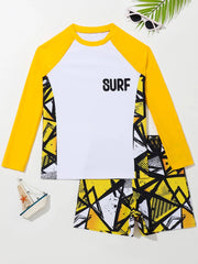 Boy Swimsuit 2026 New Geometry Print Long Sleeve Children Swimwear Summer Two Piece Kids Beach Wear Swimming Bathing Suit Men's