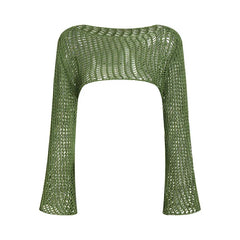 Summer Green Long Sleeve Smock Knitted Crop Top Women Y2k Beach Sexy Backless Hollow Out Party Blouse Shirts