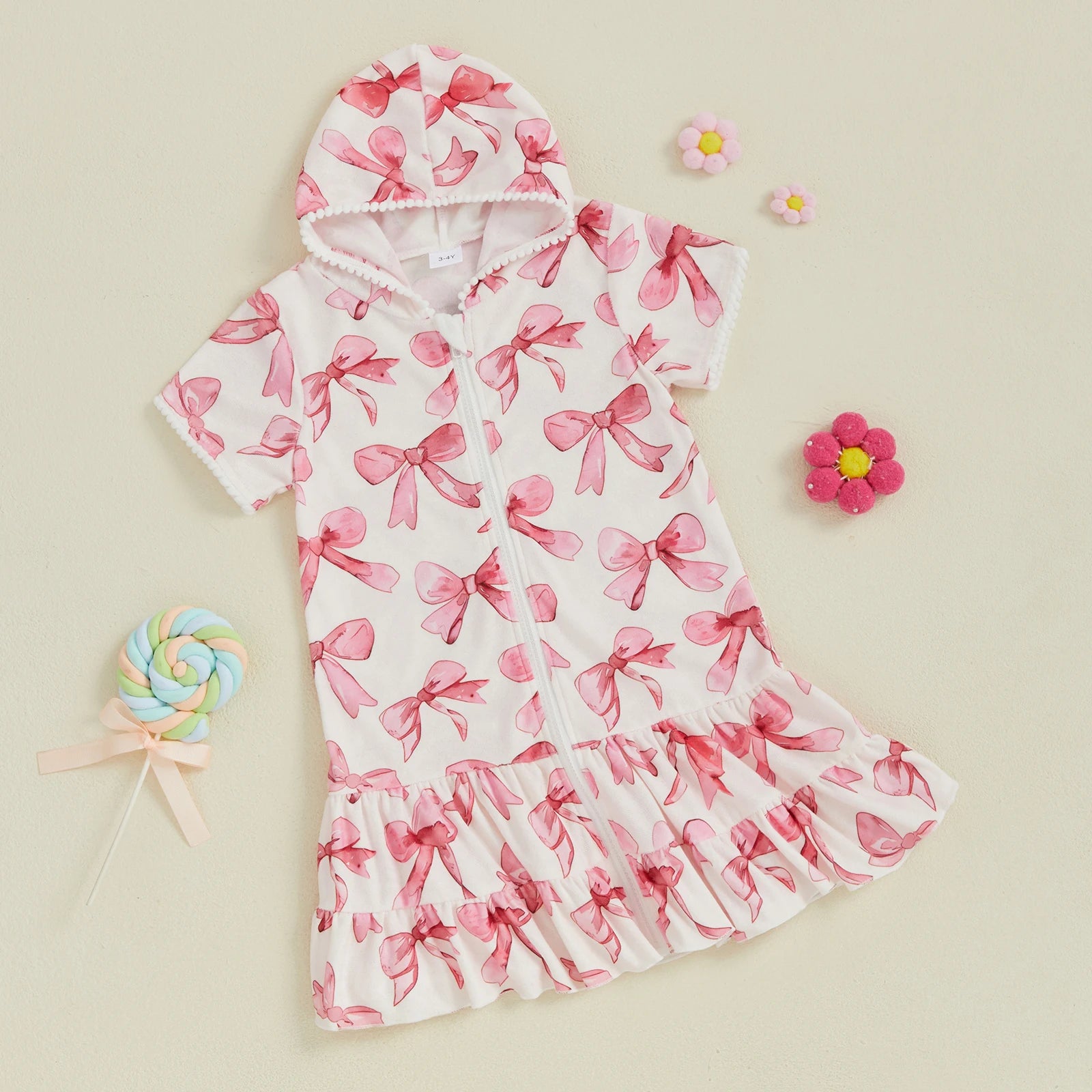 Children Baby Girls Swim Coverups Summer Beachwear Bow Print Short Sleeve  Hooded Bathrobe Absorbent Dress Zip-Up Robe Towel