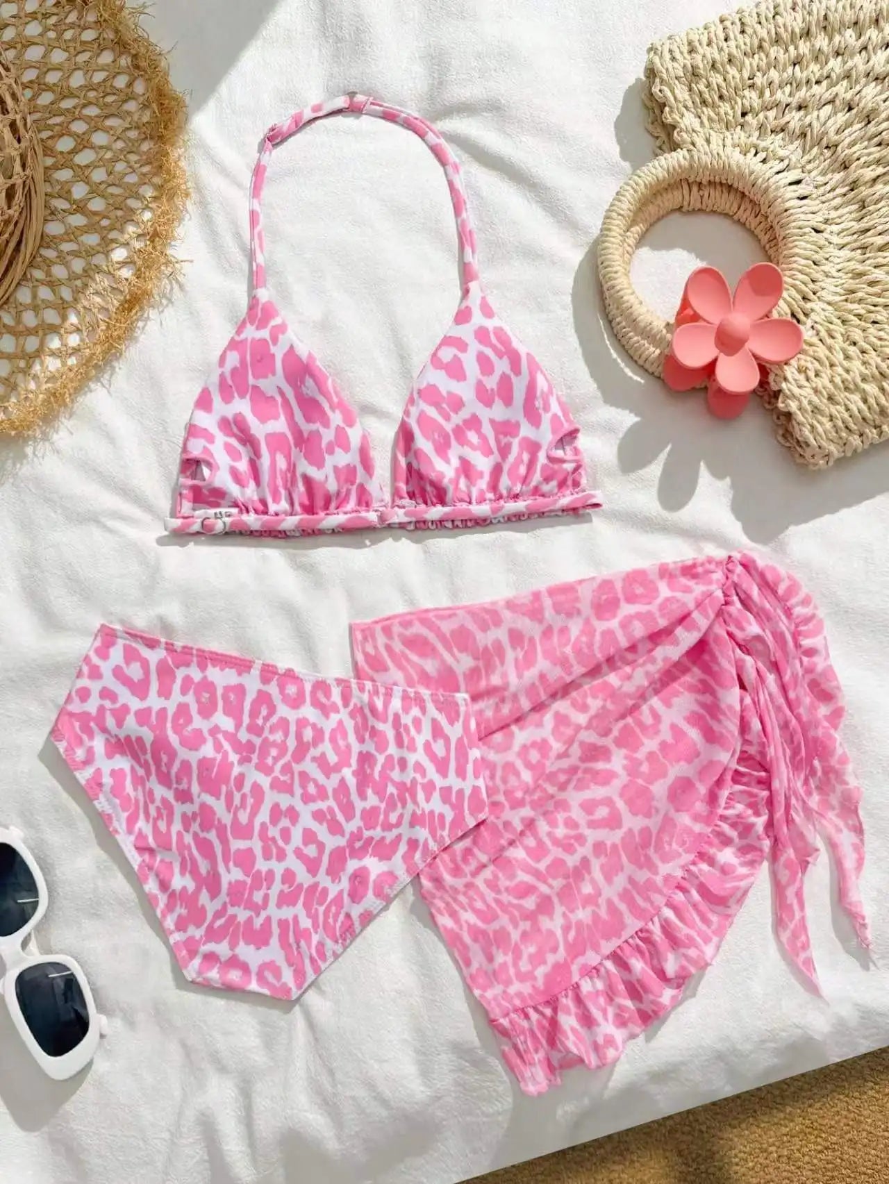 2026 Leopard Girls Swimsuit 3 Pieces Halter Triangle Bikinis Kids Swimwear Female Children's Bathing Swimming Swim Suit 8Y-12Y