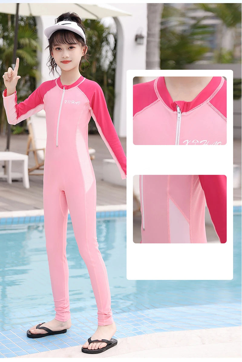 One Piece Girls Swimwear Full Cover Long Sleeve Swimsuit Kids Sun Protection Swimming Suit Teenage Korean Style Bathing Suit