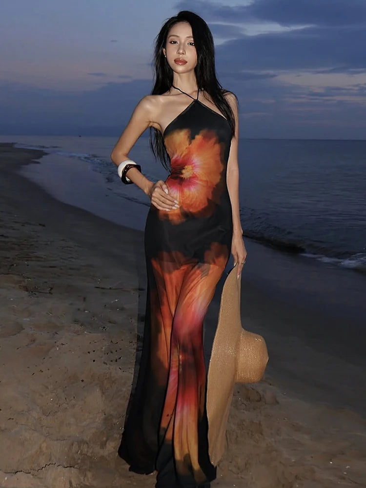 Weird Puss Beach Vacation Dress Women See Through Flower Print Halter Backless Bandage Sleeveless Party Club Stretch  Bodycon