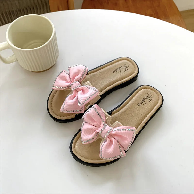 2026 New Bow Flats Open Toe Slide Sandals Non-slip Flip Flops Children Home Slippers Kids Girls Summer Cute Beach Slippers Shoe