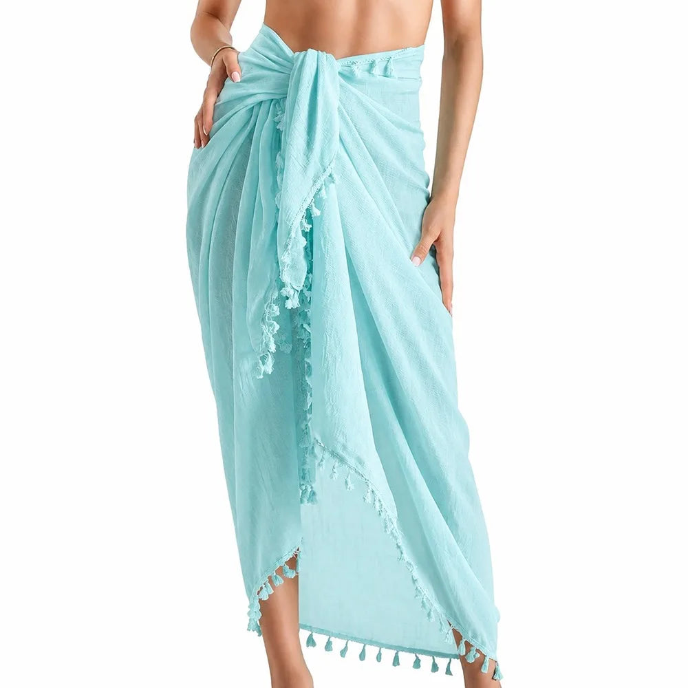 Solid Color Beach Wrap Skirt Sheer Design Quick Drying Sarong Beach Towel Knot Side Tassel Trim Bikini Cover Up