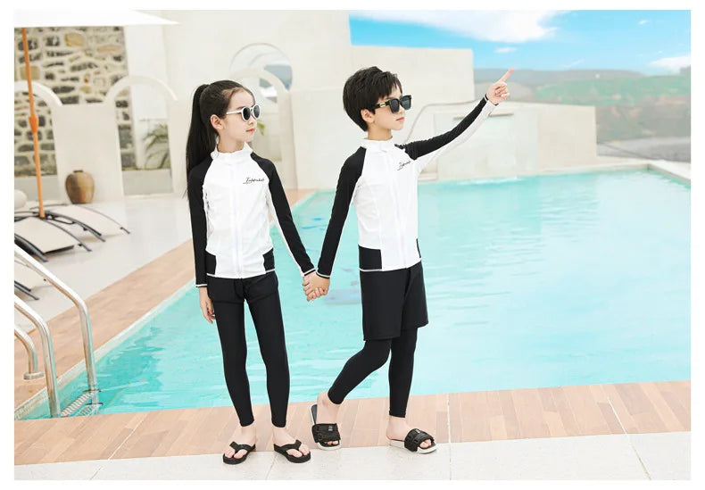 Three Piece Long Sleeve Cover Up Swimwear Korean Beach Wear Kids Girls Boys Swimsuit White Black Rash Guard Bathing Suits Pants
