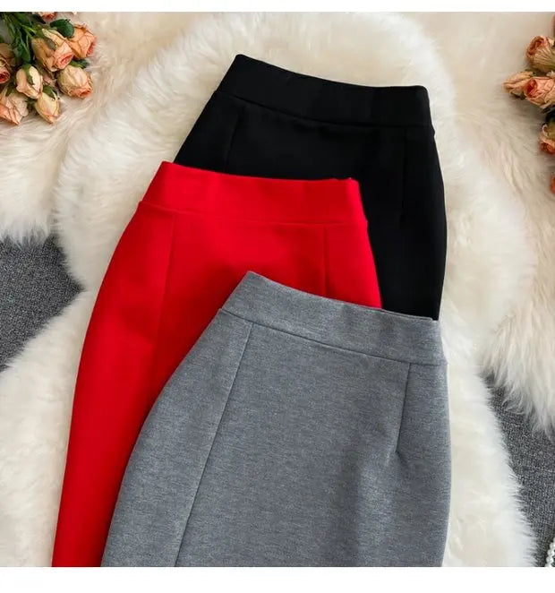 High Waist Midi Skirt Women's OL Profional Slimming Side Slit Wrap A-Line One Step Skirt Autumn Korean Sle Commute