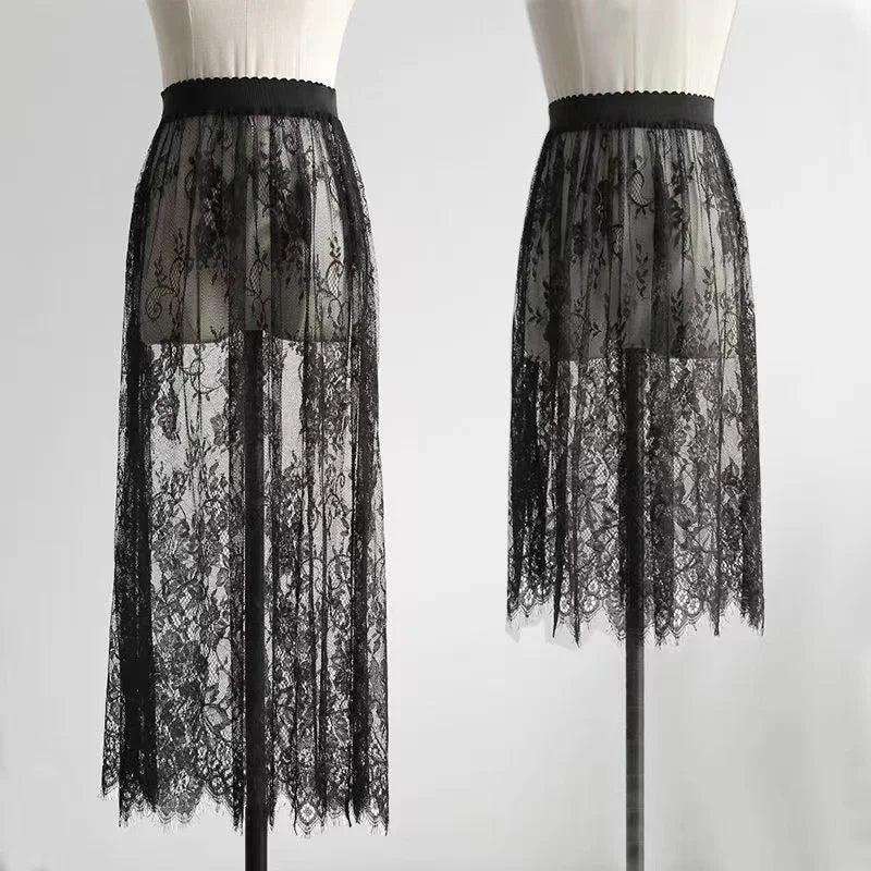 2 Length Elegant Black Skirt White Lace Transparent Long Tulle Skirt Ladies Elastic High Waist Beach Midi Skirt