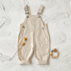 Summer Hot Baby Suspender Pants Sleeveless Flower Embroidery Loose Overalls Romper Girls Jumpsuits Boys Clothes with Pockets