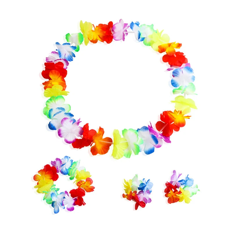4Pcs/set Hawaiian Artificial Flowers Leis Necklace Garland Headband Wedding Birthday Beach Tropical Party Decoration