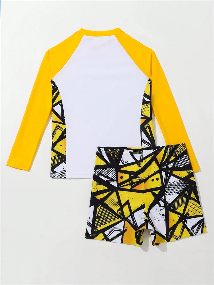 Boy Swimsuit 2026 New Geometry Print Long Sleeve Children Swimwear Summer Two Piece Kids Beach Wear Swimming Bathing Suit Men's