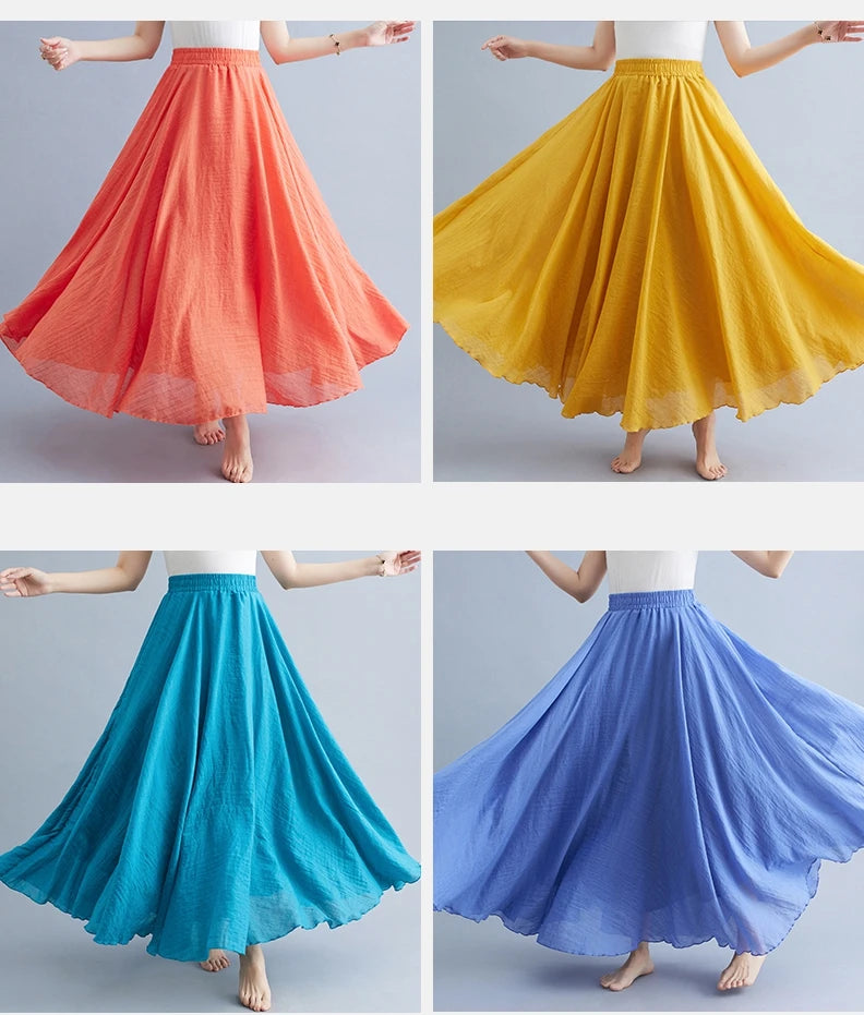 Boho Cotton Linen Beach Long Skirt Women Vintage Casual Solid A-line High Waist Dance Floor-Length Maxi Skirt Spring Summer New