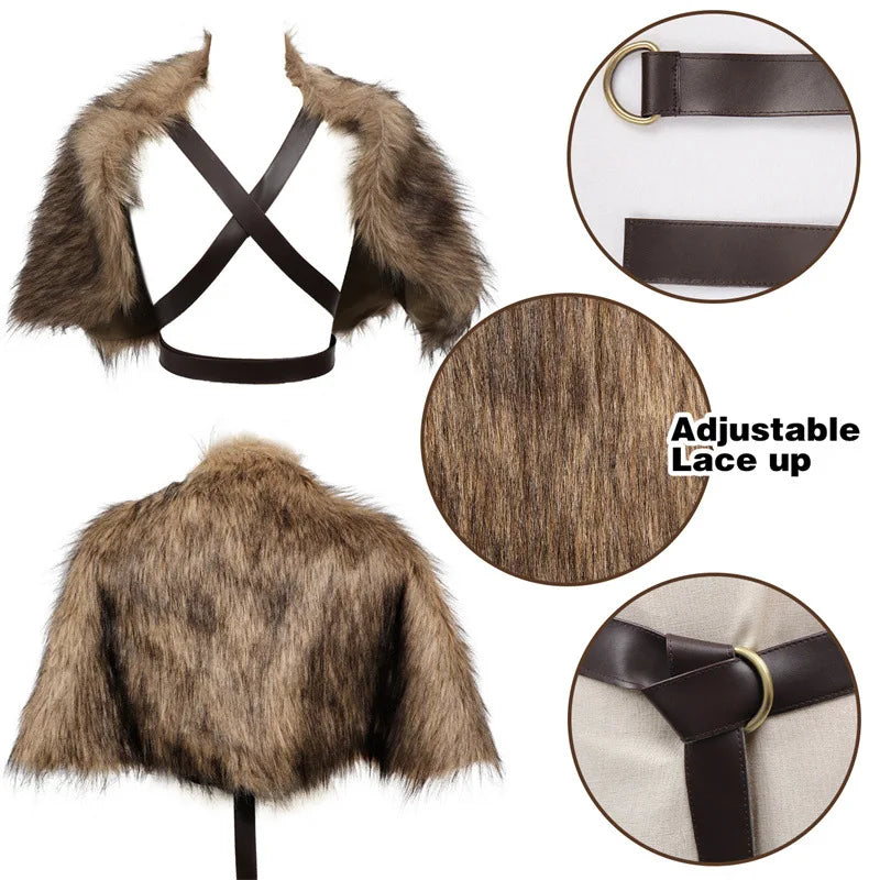 Fur Collar Cape Medieval Winter Clothing King Warrior Viking Fur Shawl With Chest Strap Faux Fur Cloak Halloween Cosplay Costume