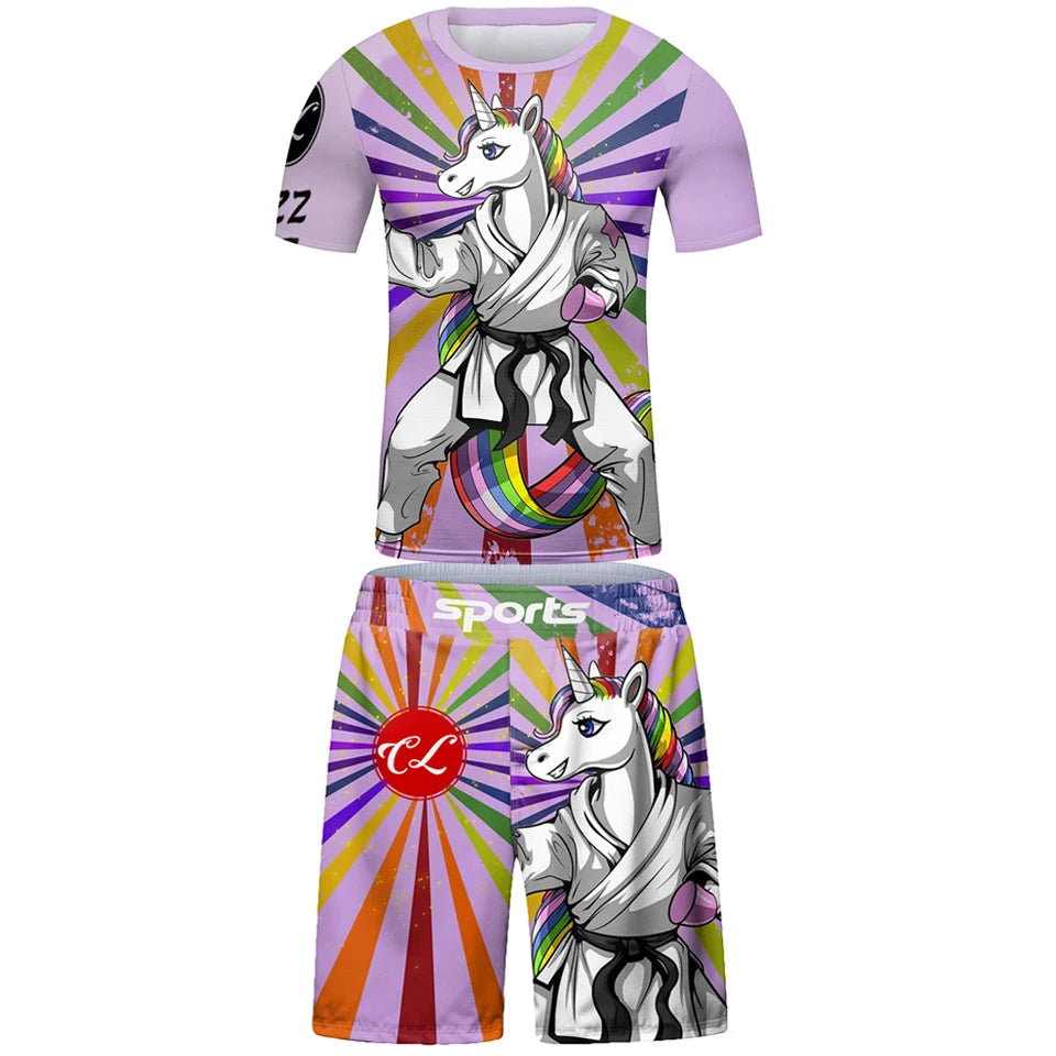Kid's Jiu Jitsu MMA T-shirt +Pants Set Grappling Rashguard For Kid Bjj Boxing Jerseys Gi Rash Guard MMA Shorts Boxeo Sportsuits