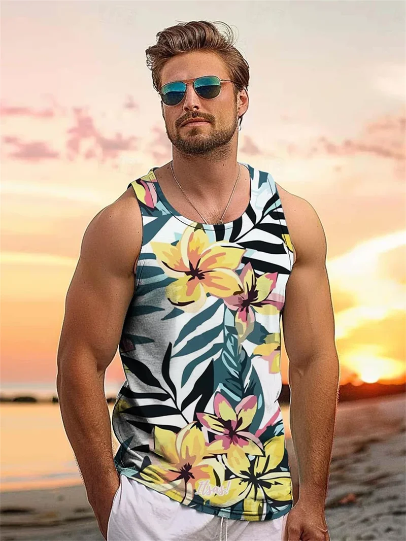 Tropical Plant Palm 3D Graphic Men's Sleeveless Hawaii Vacation Outdoor Casual Tank Tops Summer Travel Street Loose Men Clothing