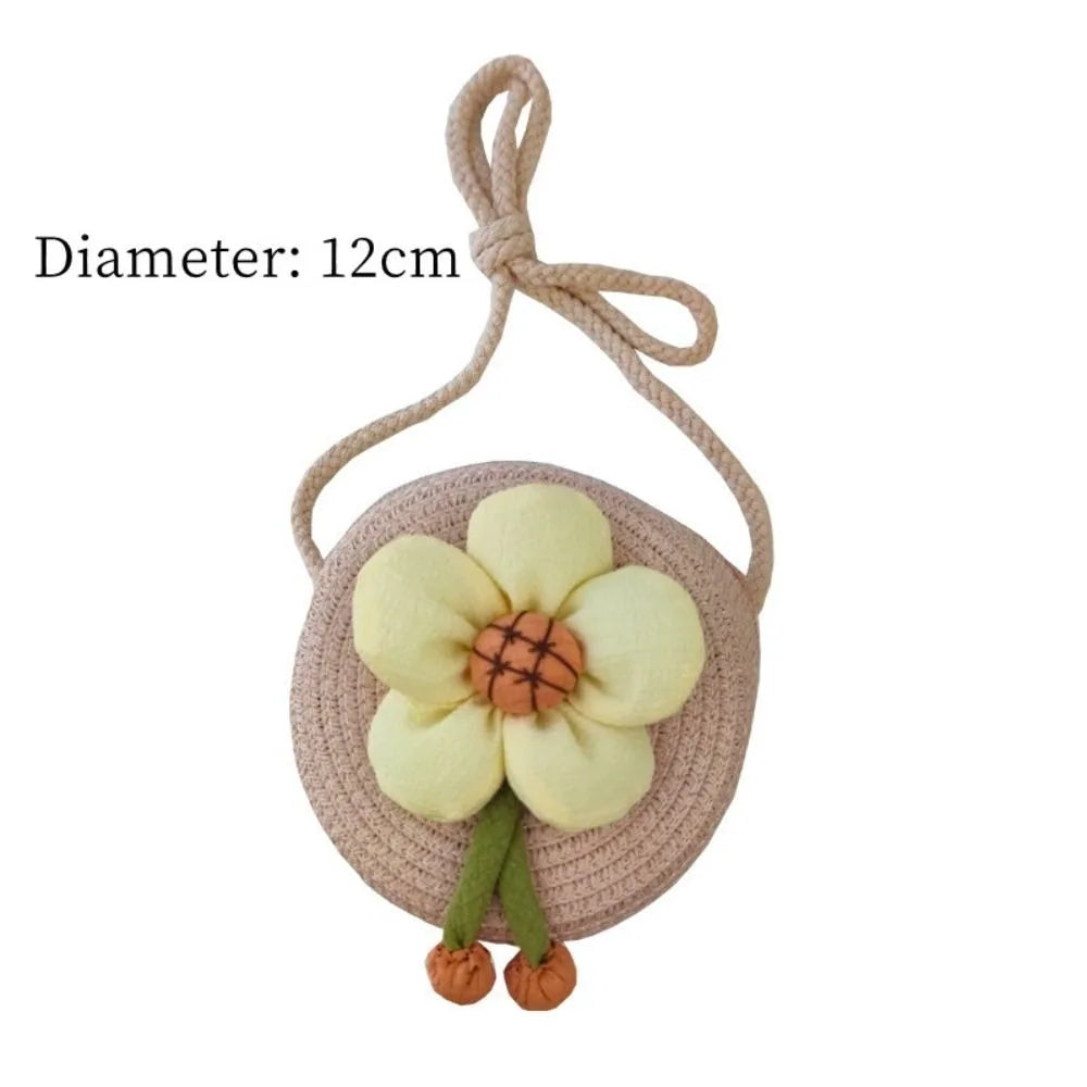 Flower Straw Baby Bags Handmade Summer Beach Women Girls Shoulder Bag Messenger Bag Kids Keys Coin Purse Princess Mini Handbag