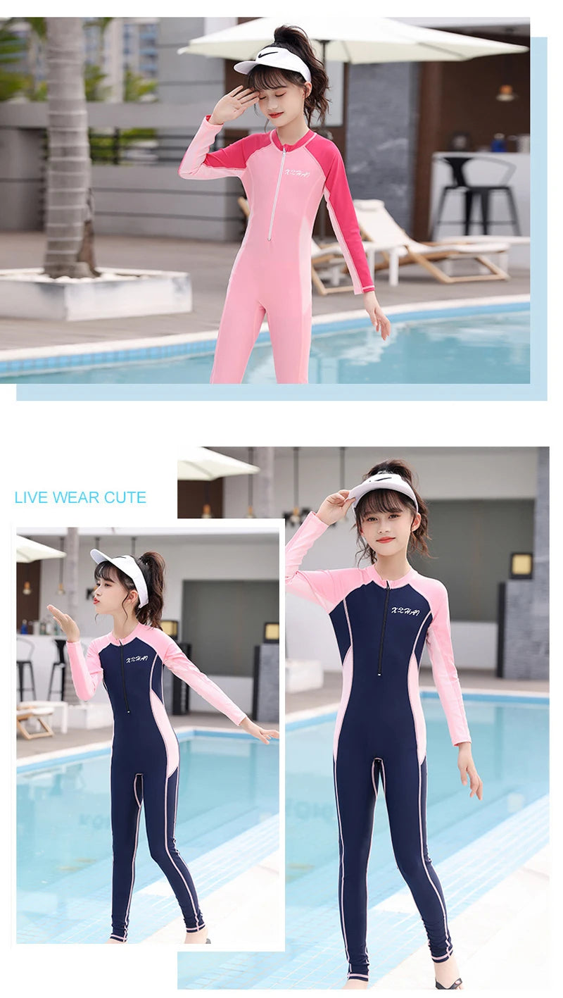 One Piece Girls Swimwear Full Cover Long Sleeve Swimsuit Kids Sun Protection Swimming Suit Teenage Korean Style Bathing Suit