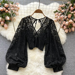 Frenchic Sexy Blusas Mujer Crochet Lace Sheer Women Tops V-neck Lantern Sleeve Backless Lace-up Ladies Elegant Blouse