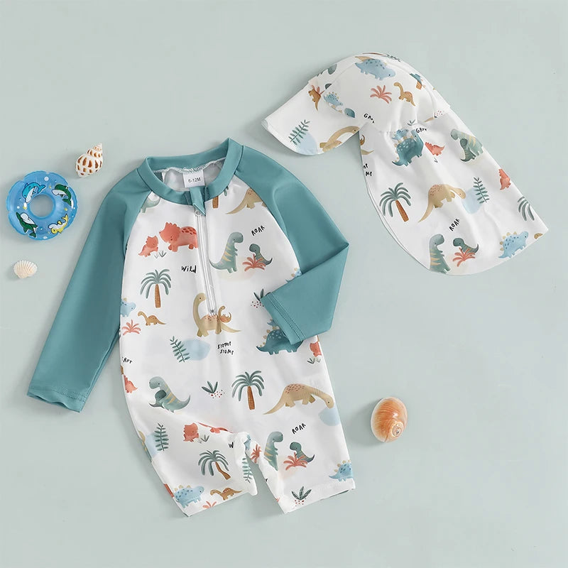 1-4T Toddler Boys Rash Guard Swimsuit Dinosaur/Shark Print Long Sleeve Zip Bathing Suit with Swim Cap