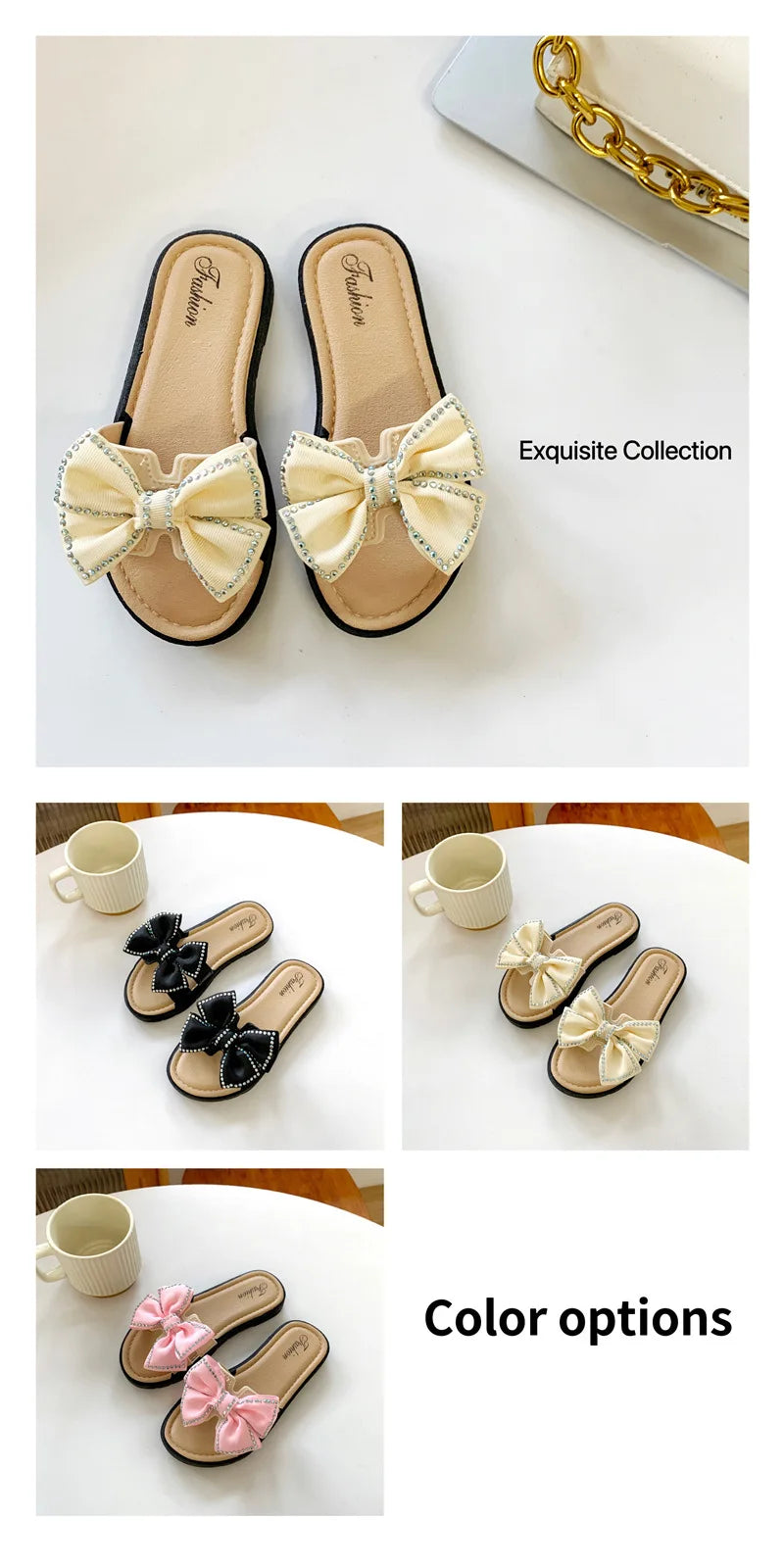 2026 New Bow Flats Open Toe Slide Sandals Non-slip Flip Flops Children Home Slippers Kids Girls Summer Cute Beach Slippers Shoe