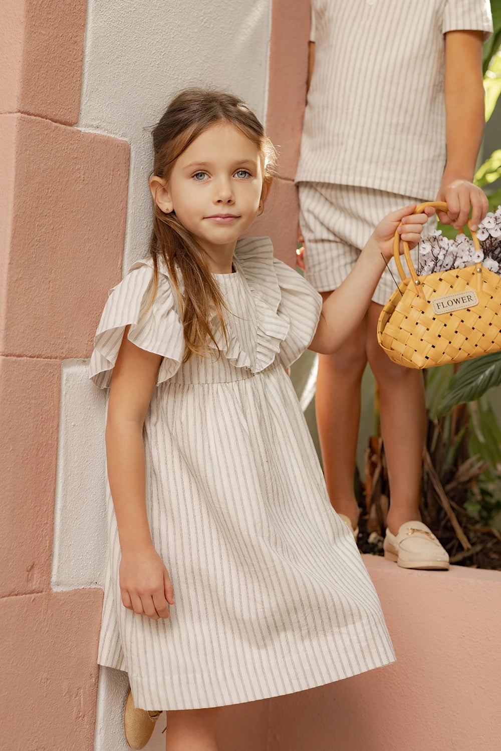 AP Santorini Stripe Collection SS26 Girls Ruffles Sleeve Dress Baby Kids Set V-neck Knit Top Brothers Sisters Family Matching