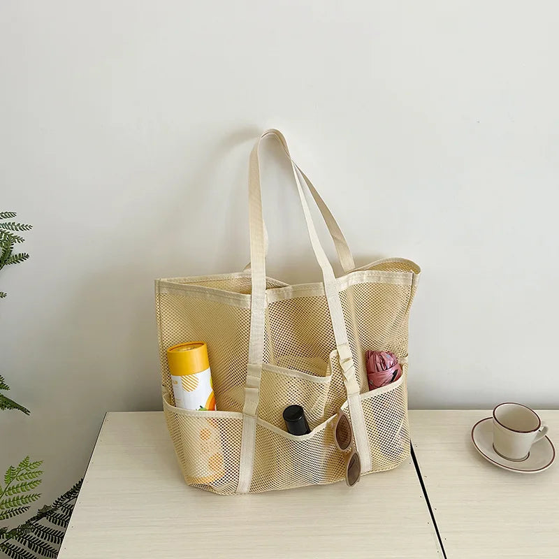 Large Capacity Canvas Beach bag Versatile Commuting Shopping Shoulder bag Lightweight Semi Transparent Mesh Hollow bag