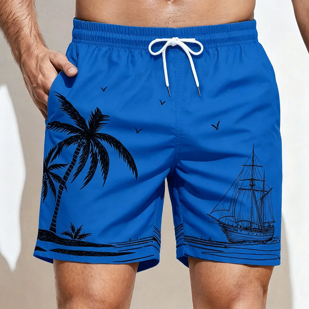 Men's Dark Green Tropical Leaf & Bird Print Drawstring Shorts, Casual Loose Swim Trunks For Spring Summer Wear