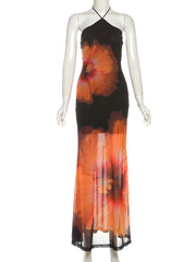 Weird Puss Beach Vacation Dress Women See Through Flower Print Halter Backless Bandage Sleeveless Party Club Stretch  Bodycon