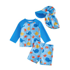 3Pcs Toddler Boy Swimsuit Set Long Sleeve Crew Neck Marine Animal Print Tops Swim Trunks and Hat Rash Guard Bathing Suit