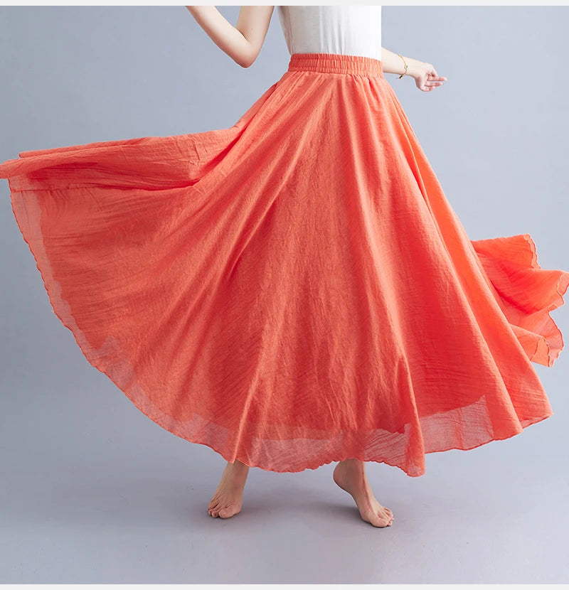 Boho Cotton Linen Beach Long Skirt Women Vintage Casual Solid A-line High Waist Dance Floor-Length Maxi Skirt Spring Summer New