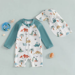 1-4T Toddler Boys Rash Guard Swimsuit Dinosaur/Shark Print Long Sleeve Zip Bathing Suit with Swim Cap