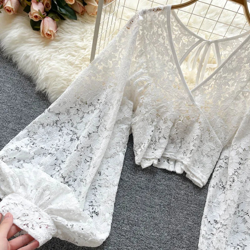 Frenchic Sexy Blusas Mujer Crochet Lace Sheer Women Tops V-neck Lantern Sleeve Backless Lace-up Ladies Elegant Blouse