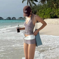 2026 Sexy Deep V Push-Up Bikini Set High-Waisted Tummy Control Backless Swimsuit Checkered Brief for Beach Vacation Two-Piece