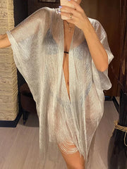 Sexy Fringe Tassel Sheer Knitted Beach Cover Up Dress Shiny Mesh Tunic for Women Swimwear Mesh Cover Lightweight Beach Dress