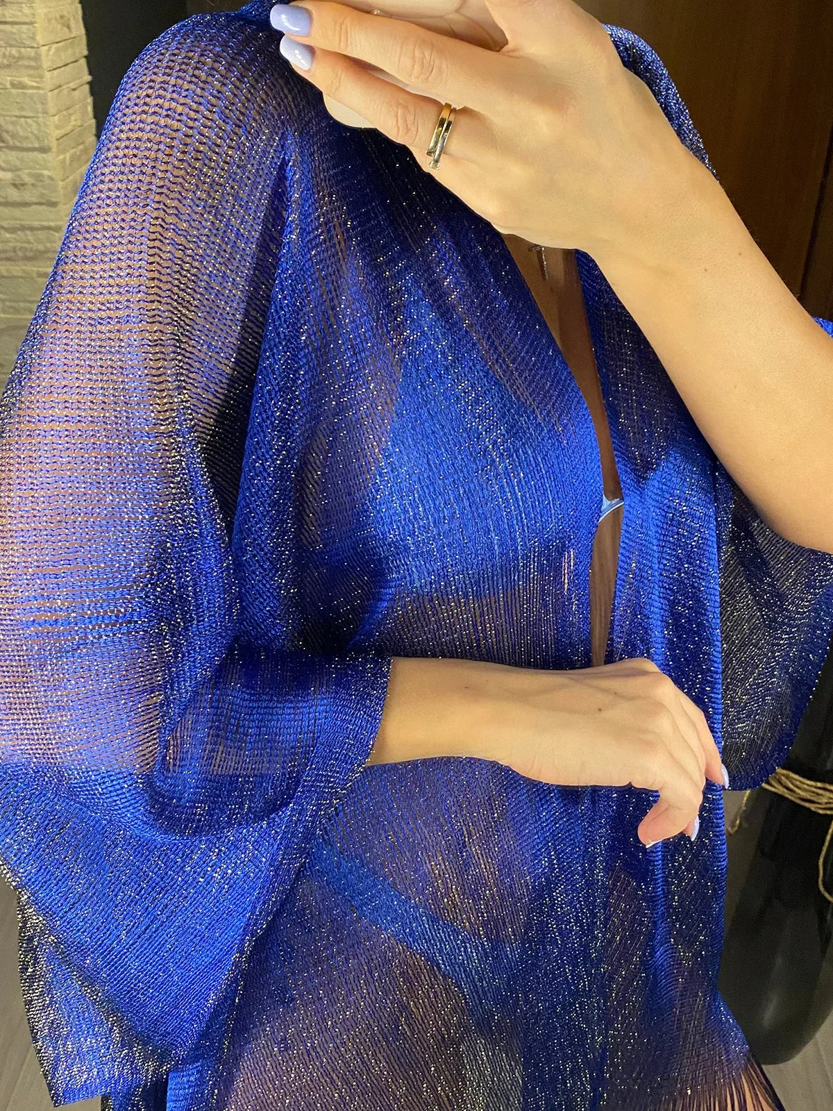 Sexy Fringe Tassel Sheer Knitted Beach Cover Up Dress Shiny Mesh Tunic for Women Swimwear Mesh Cover Lightweight Beach Dress