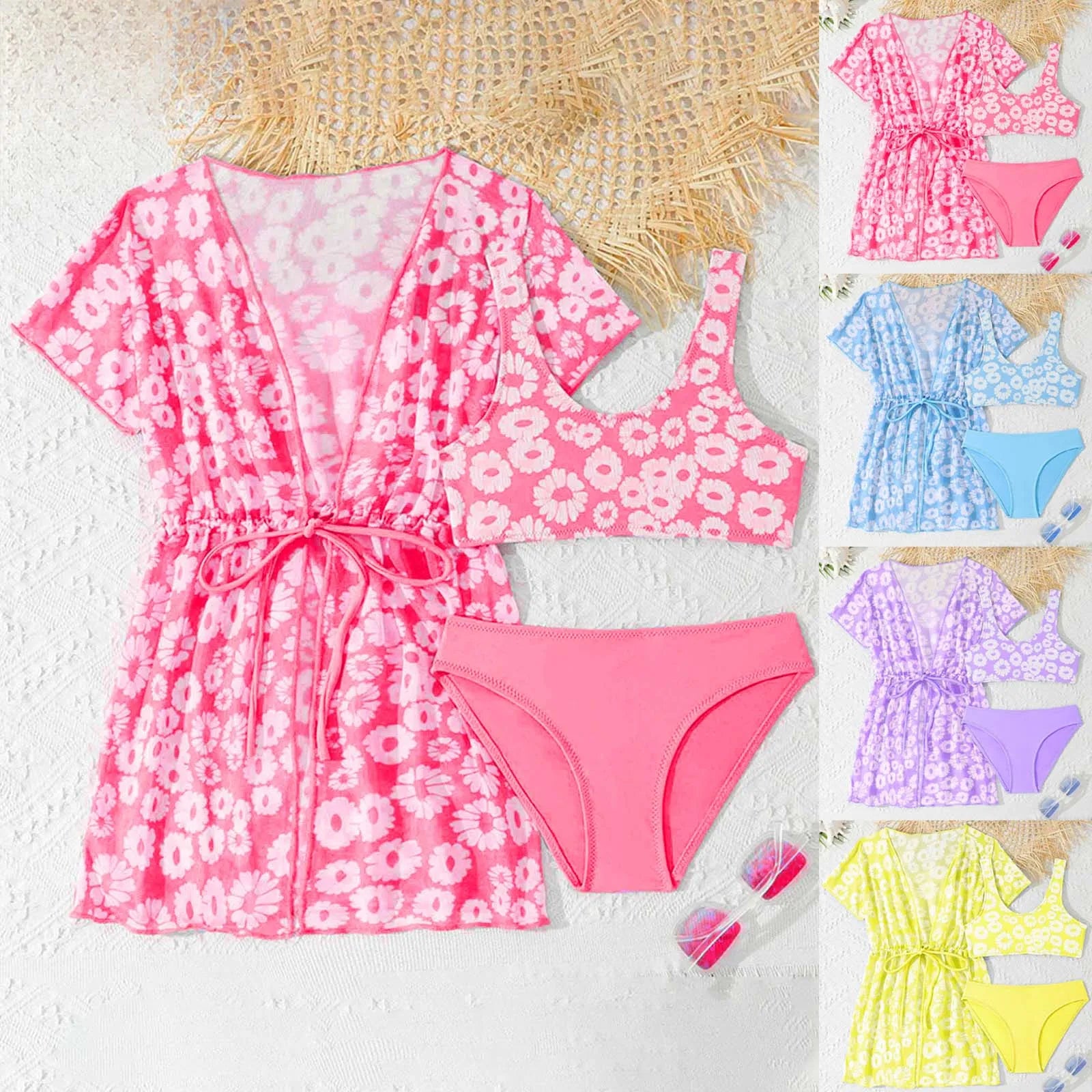 Girls 3 Pcs Swim Cover Up Sets Floral Bikini Crop Top With Brief Kimono Teens Bathing Suit Girls' Swimsuit Cover Up Wrap Scarf
