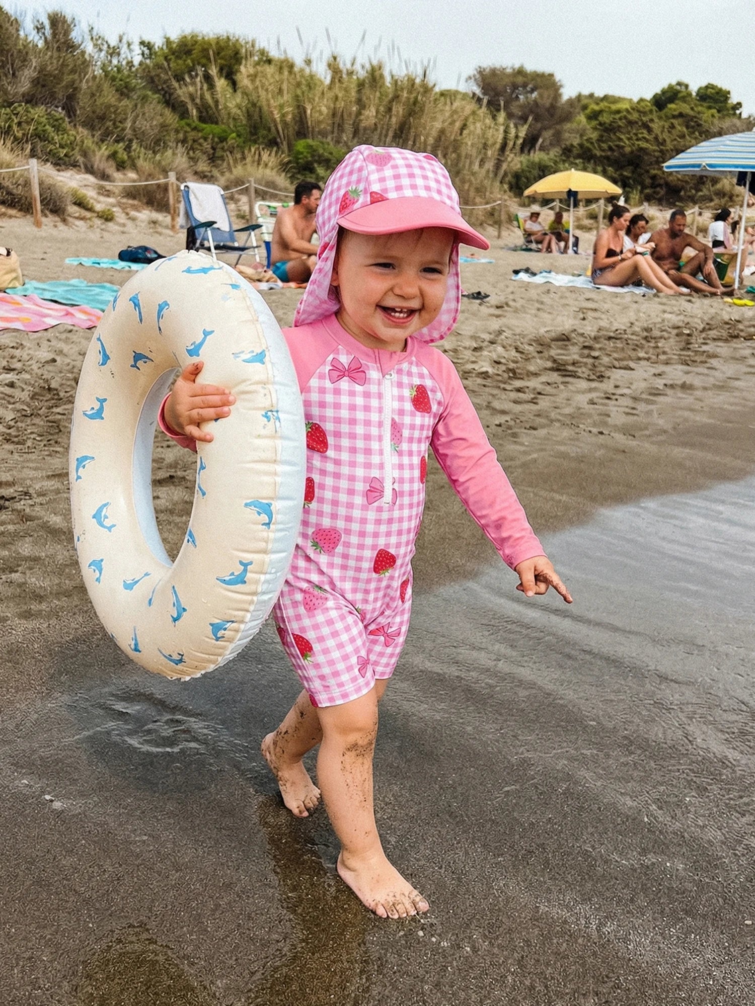 3M-3T Toddler Girl Rash Guard Swimsuit Strawberry/Bow/Cherry Print Long Sleeves Front Zipper Bathing Suit with Hat