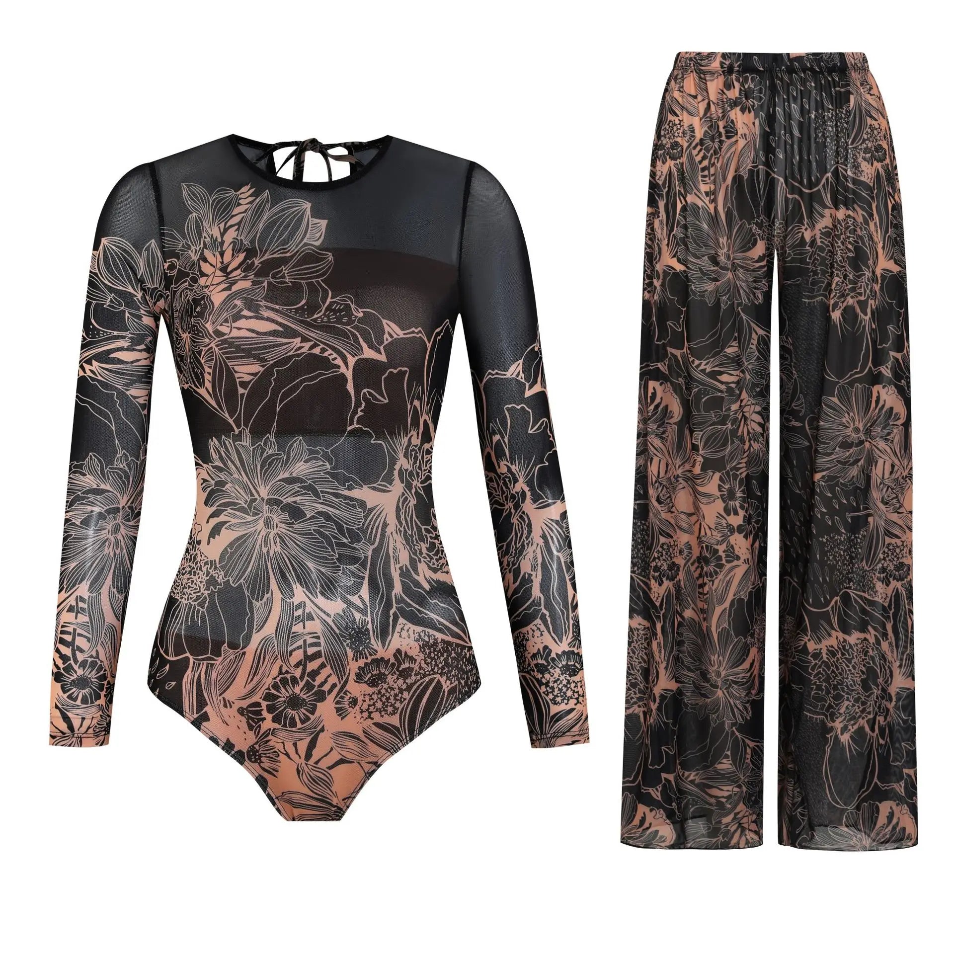Women's Long Sleeve Swimwear Sunscreen One Piece Swimsuit High Elastic Thickened Mesh Loose Pants SPF35+ New Fitness Beachwear