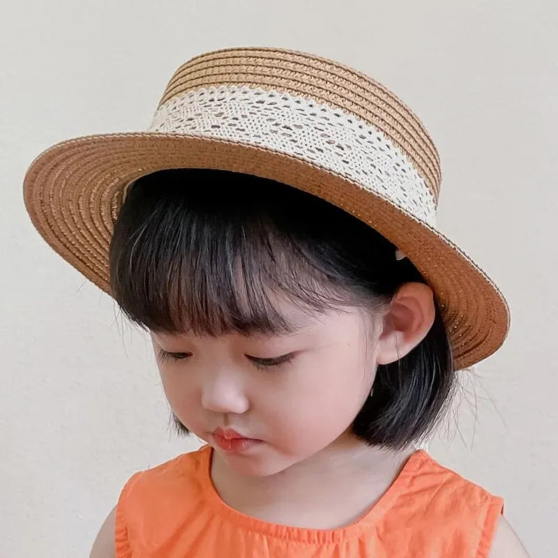Cute Bow Streamer Girls Straw Hat Spring Summer Breathable Sunshade Kids Sun Hat Outdoor Travel UV Protection Children Panama Ca